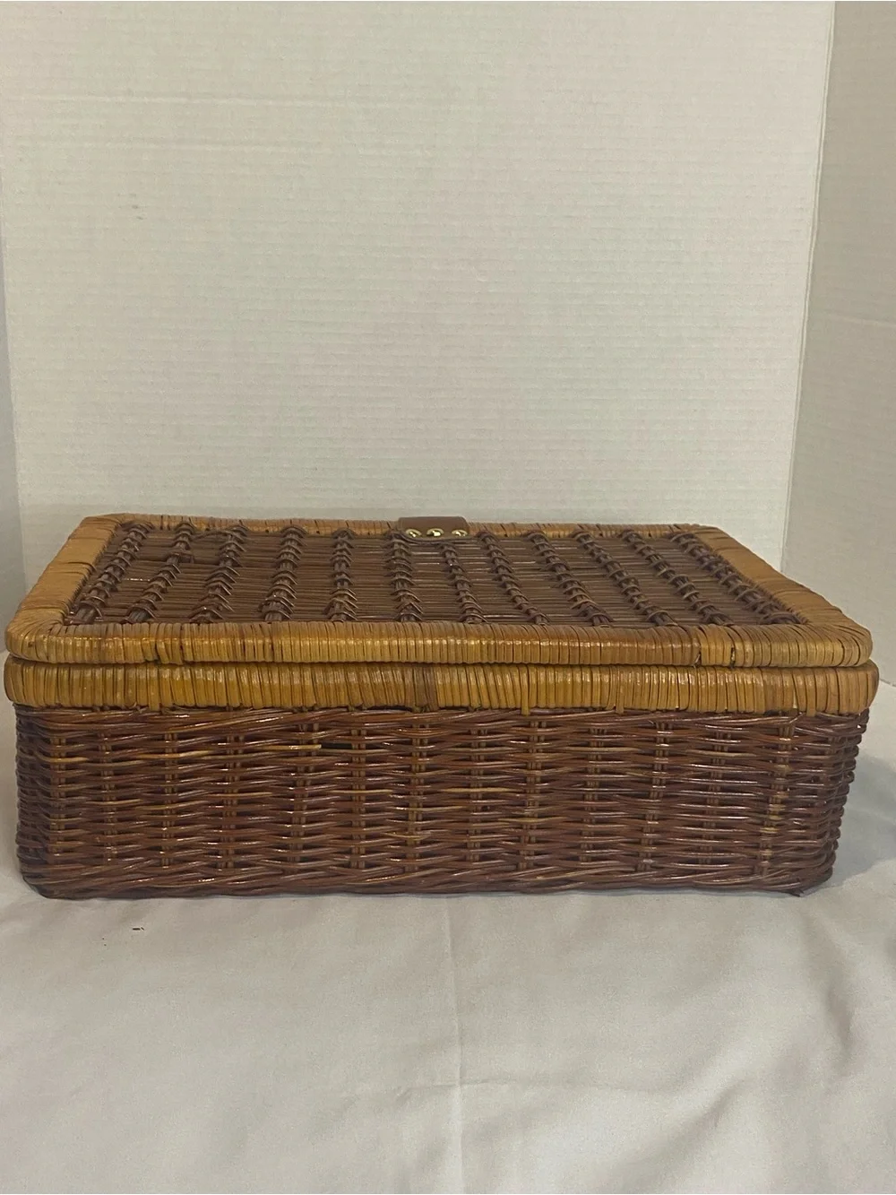 Woven Rattan Storage Basket with Leather Strap - Brown